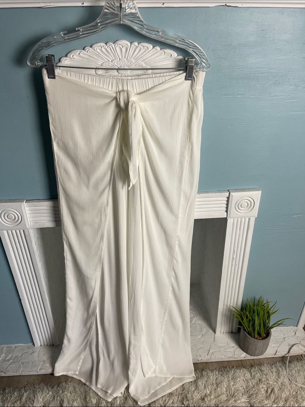 Kona Sol Cream Ribbed Tie-Front Wrap Beach Cover-Up Pants with Front Slits